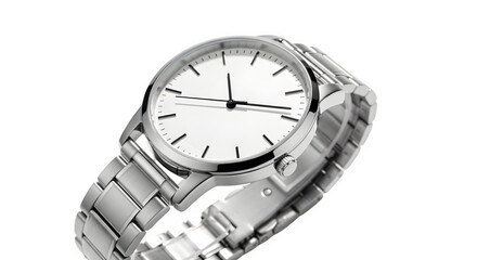 A sleek silver wristwatch with a white face on a black background