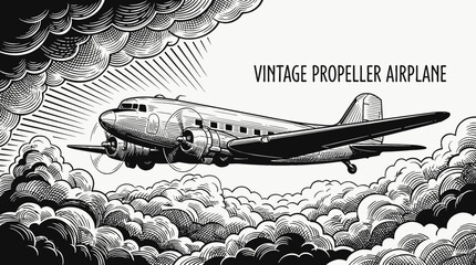 vintage propeller airplane aircraft aviation flight across sunset sky clouds at medium altitude over glowing horizon showing transport travel aerospace engine wing © Ethan