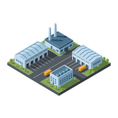 Obraz premium Isometric illustration of an industrial complex with buildings and vehicles.