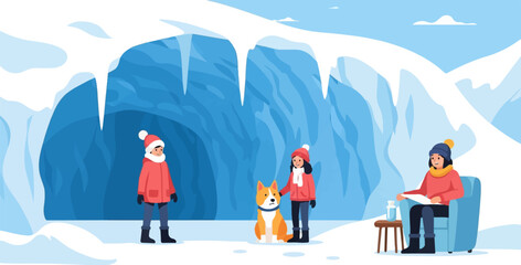 Naklejka premium Two children and a dog explore an icy cave, one reads in a cozy chair