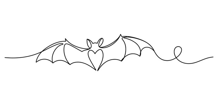 Continuous line art of a flying bat with a heart symbol on white background Vector, illustration