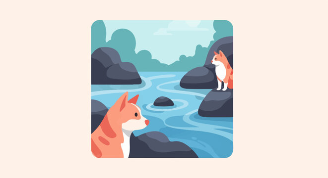 Two corgis on rocks by a flowing river in a serene, abstract landscape