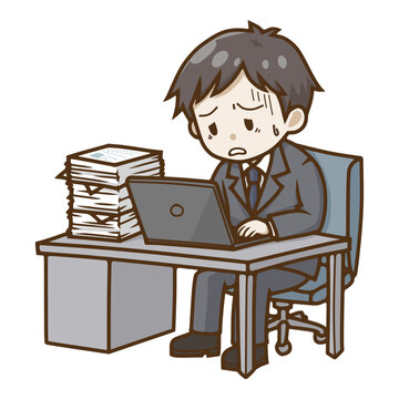 疲労困憊で残業・デスクワークをするビジネスマンのイラスト（過労・ブラック企業）