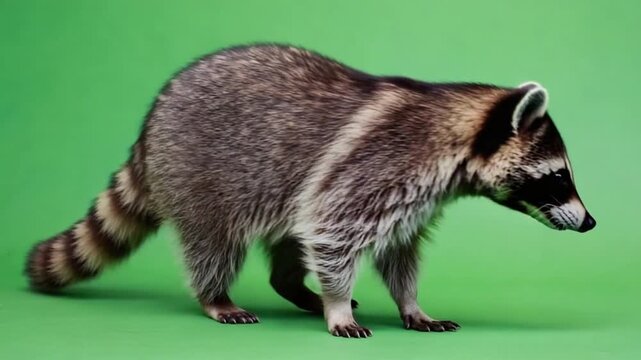 Cute raccoon standing on green background looking around curiously