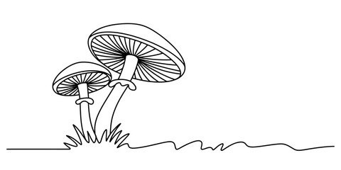 Simple black and white line art illustration of two mushrooms growing in the grass Vector, illustration © Pabon Art Gallery