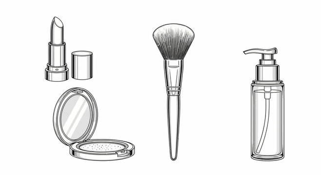 Hand-drawn illustration of makeup essentials: lipstick, powder compact, makeup brush, and pump bottle.