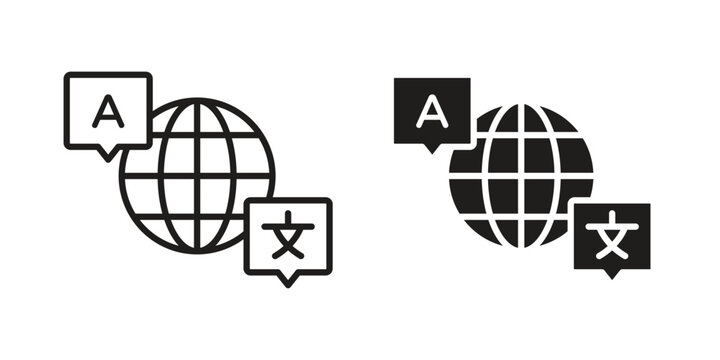 Language icon in black line style set. logotype designs