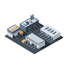 Obraz premium Isometric illustration of an industrial complex with various buildings and vehicles.
