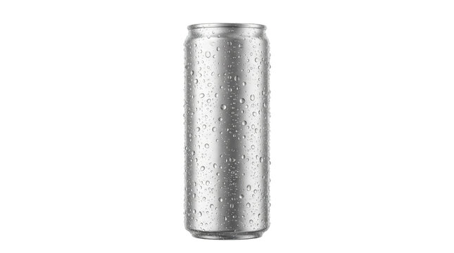Cold aluminum slim beverage can mockup with condensation and water drops, isolated object ready for branding. Transparent background, PNG cutout.