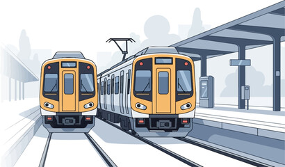 Fototapeta premium Two yellow and white trains sit on parallel tracks at a modern transit station