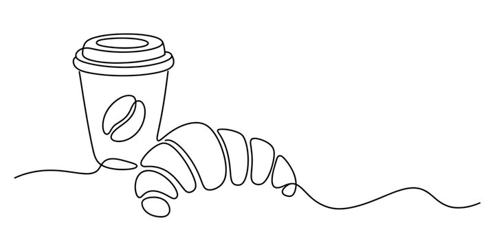 Minimalist continuous line drawing of a coffee cup with a lid and a fresh croissant pastry. Vector, illustration