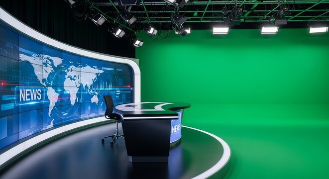 News broadcast studio with green screen backdrop, newsdesk, and chair, illuminated by overhead studio lights, modern media environment, high-tech broadcasting setup