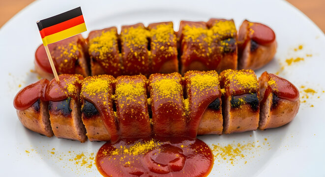 Classic German Currywurst with ketchup, curry powder, and a small German flag toothpick, served on a white plate.