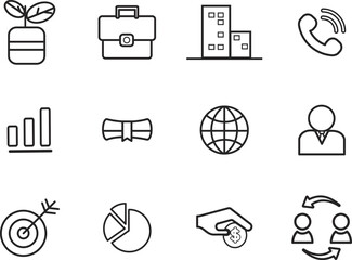 A collection of twelve black icons representing business and finance concepts on a white background viewed from directly above.