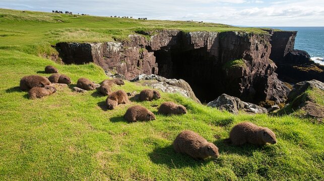 lemming. Lemming migration moving toward cliff edge in wide angle terrain view. wildlife magazines, conservation campaigns, designed for nature documentaries and education, used by videographers.