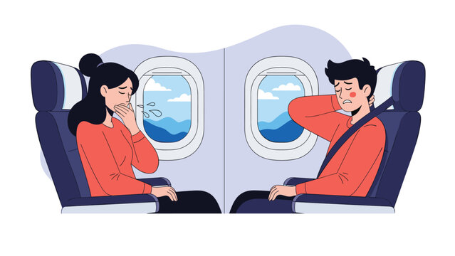 Passengers experiencing discomfort and sickness on an airplane during a flight, with one person feeling nauseous and another holding their neck in pain.