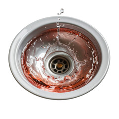 White sink with red liquid flowing from the faucet to the bottom.