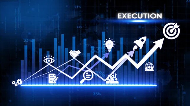 Business strategy and execution concept with graphs and on a blue background showing growth and success