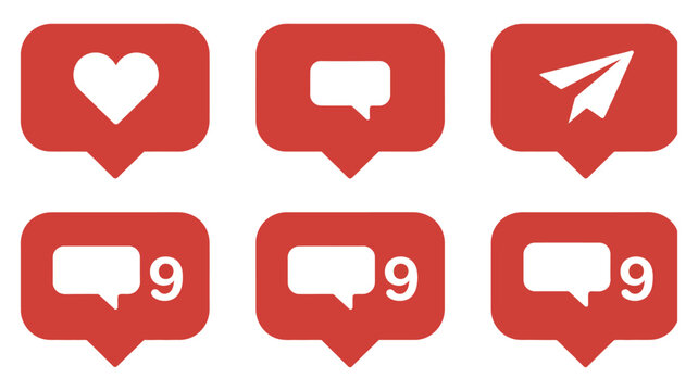 Social media notification icon red speech bubbles with heart like, comment, and share symbols, with and without counters, vector graphics