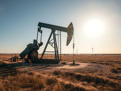 Photo of pumpjack _grasshopper_ oil pump in a field, petroleum extraction and drill, fossil energy