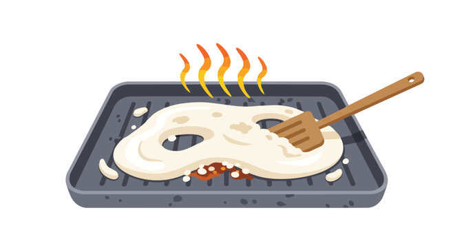 A white, viscous food item cooks on a hot grill pan, actively manipulated by a wooden spatula, with visible heat rising, signifying a culinary