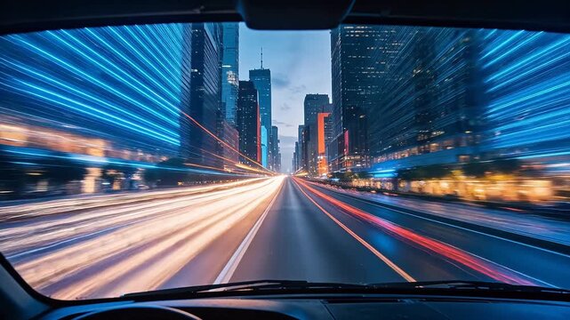 Urban street traffic at night with light trails