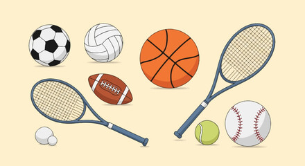 Various sports equipment including balls and racquets on a plain background