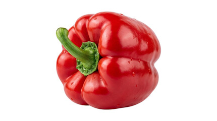 Fresh, Ripe Red Bell Pepper (Capsicum, Sweet Pepper) with Water Droplets, Isolated on a Transparent Background (PNG Cutout) for Food and Healthy Eating Concepts.