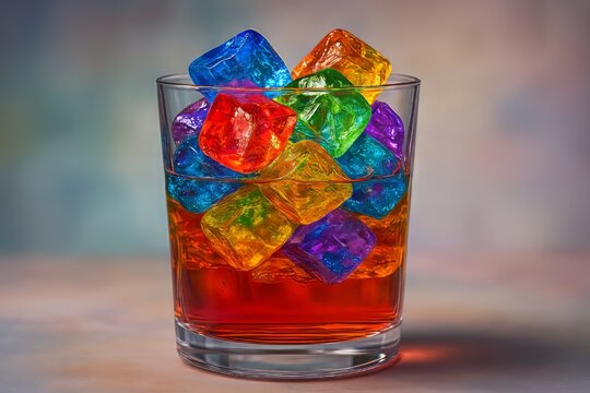 un vaso con l&iacute;quido y cubitos de colores en su interior