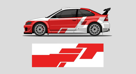 Naklejka premium Red and white race car graphic with bold angular decals and side profile visualization.
