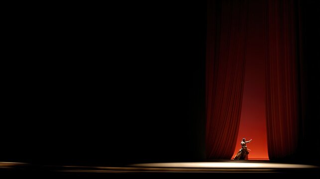 tenor. Spotlight on opera stage illuminating tenor singer in armor, dramatic shadows, red curtain background. event programs.