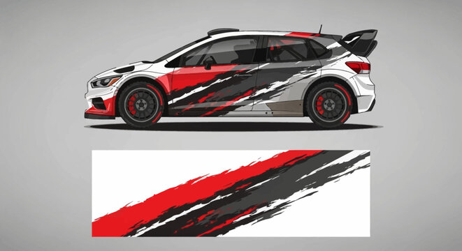 White race car with red and black graphic livery beside bold brush stroke artwork.