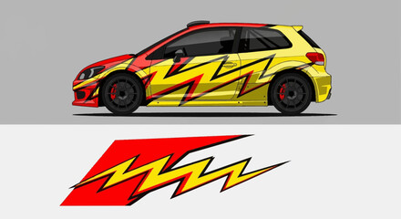 Naklejka premium Sleek hatchback race car with bold yellow and red lightning graphics, studio presentation.