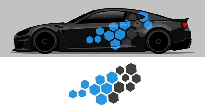Sleek black sports coupe with blue hexagonal pattern wrap design and chrome gloss finish.