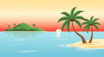Tropical island getaway with palm trees at sunset