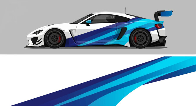Dynamic blue race car with swooping graphics and bold stripes in a modern design.