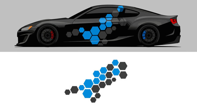 Sleek black sports car featuring blue hexagonal pattern decals and futuristic aerodynamics on a glossy finish.