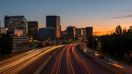 Fototapeta premium Long exposure of a busy highway with light trails and a city skyline at sunset.