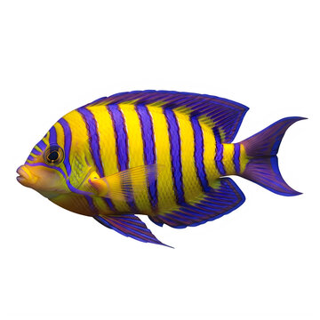 Vibrant yellow and purple striped fish swimming in the ocean with unique color patterns