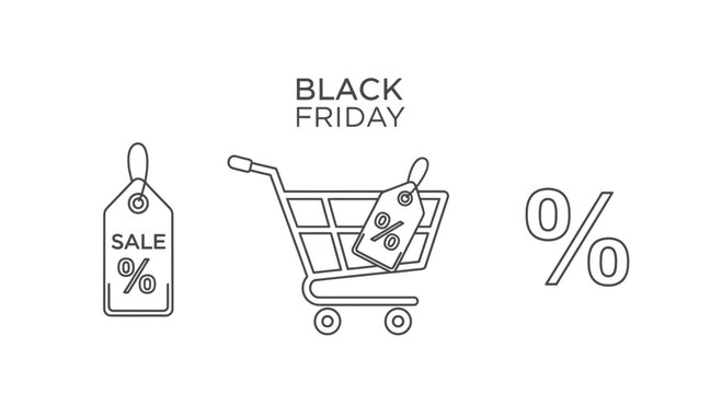 Black Friday Sale Shopping Cart Icons with Percentage Discount and Sale Tag