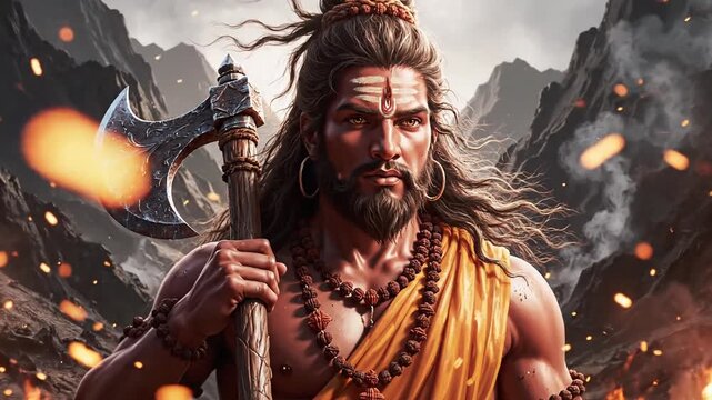 Cinematic realistic illustration of Hindu deity Lord Parshuram holding a sharp axe, divine warrior portrait with intense gaze, spiritual mythology character in epic high resolution render