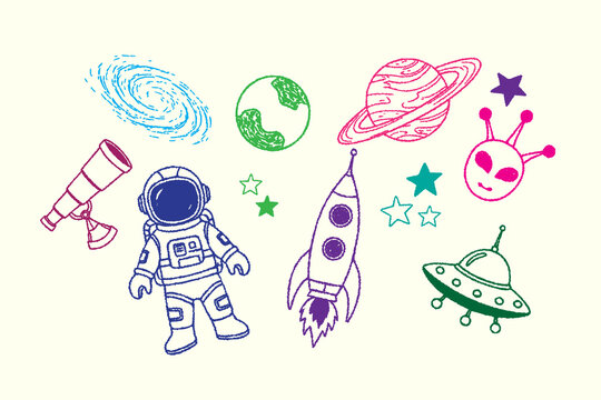 Outer space vector illustration in colorful crayon doodle style set. Hand drawn cute space elements, rough sketch crayon outlines and playful childlike strokes, Isolated on white background
