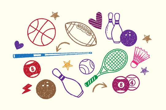 Various sports equipment vector illustration in playful crayon doodle style set. Hand drawn basketball, football, bowling ball and pins. Rough sketch outlines and childlike strokes design template