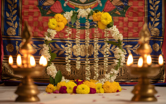 Traditional Indian Wedding Ceremony Decor with Golden Floral Ring Arch, Jasmine and Marigold Garlands, Patta Chitra Backdrop and Brass Deepam Lamps