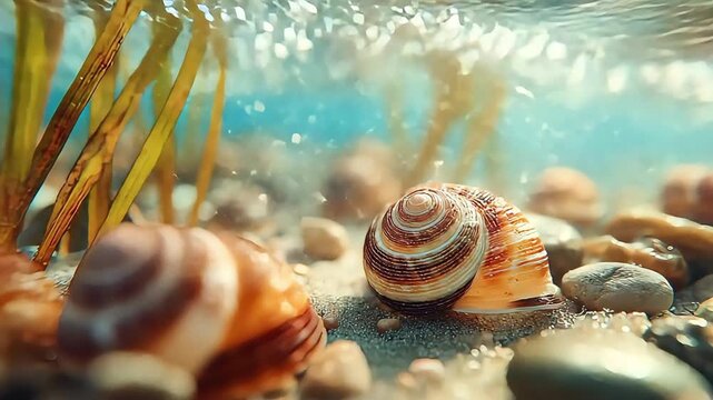 An underwater world with shells and small stones, the play of light in the water.