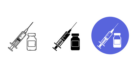 Obraz premium Medical syringe and vaccine vial icons: line, solid, and color background designs