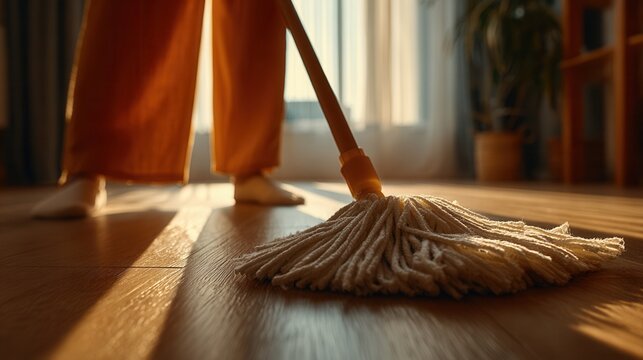 Interior household cleaning, professional woman in orange pants mopping laminate floor, warm light 