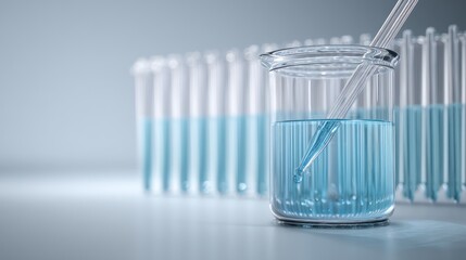 Close-up of transparent beaker filled with light blue liquid beside neatly arranged pipette tips Gentle overhead illumination reveals