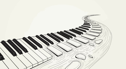Melody Path Flowing Piano Keyboard with Abstract Woodgrain Patterns, A Conceptual Illustration of Music and Transformation