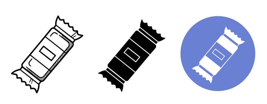 Candy wrapper icons in black, white, and blue circle